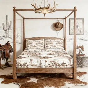 Western Cowboy Fitted Sheet Brown Sketch Desert Wild Horse Bedding Set for Kids Boys Men Girls Bedroom Decor Rustic Farmhouse Bed Sheet Animals Deep Pocket Sheet