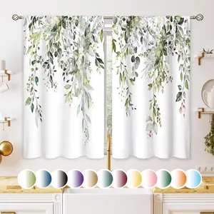 Eucalyptus Botanical Leaves Floral Kitchen Window Curtains Over Sink Boho Farmhouse Flower Leaf Small Window Treatment Sage Green Cafe Short Curtains for Bathroom Tier Drapes