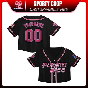 Puerto Rico Baseball Jersey Crop Top – Personalized Name & Number, Black Button Up with Flag Patch Festival Outfit