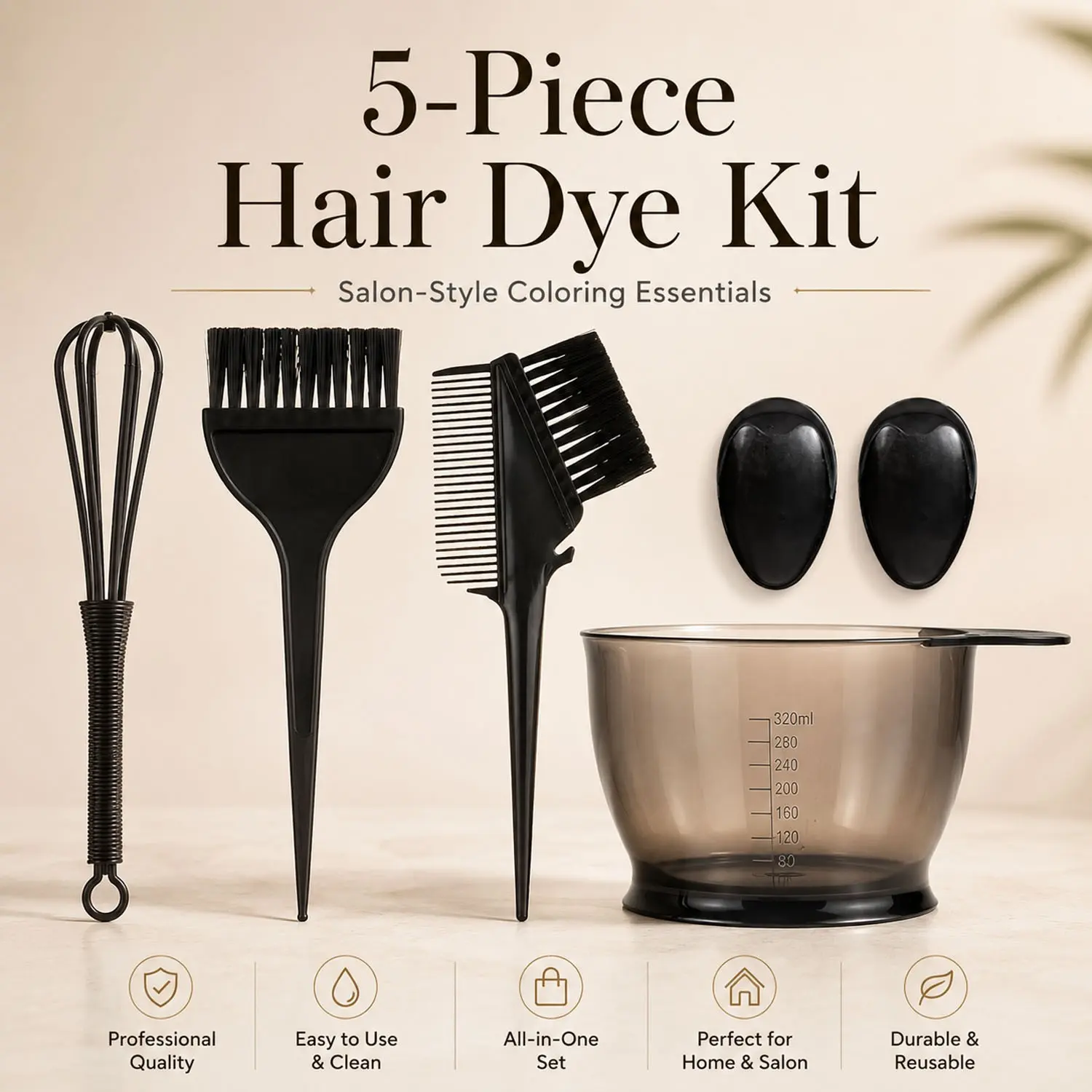 5-Piece Professional Hair Dye Kit, Salon Hair Coloring Tool Set, Hair Color Tools with Mixing Bowl, Tint Brushes, Comb Brush, Mixer & Ear Covers for At-Home Hair Dyeing, Root Touch-Up & Hair Treatment, Haircare