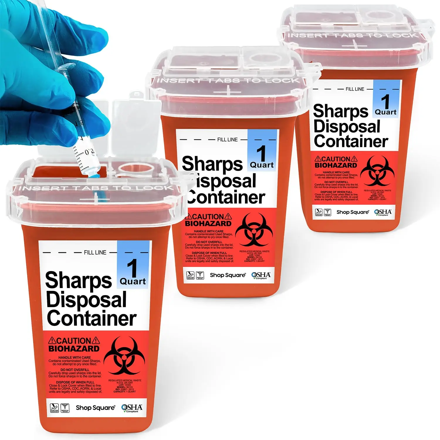 Sharps Containers for Home Use - 1 Quart (3-Pack) Biohazard Syringe and Needle Disposal Containers - Small Sharps Box for Travel and Professional Use