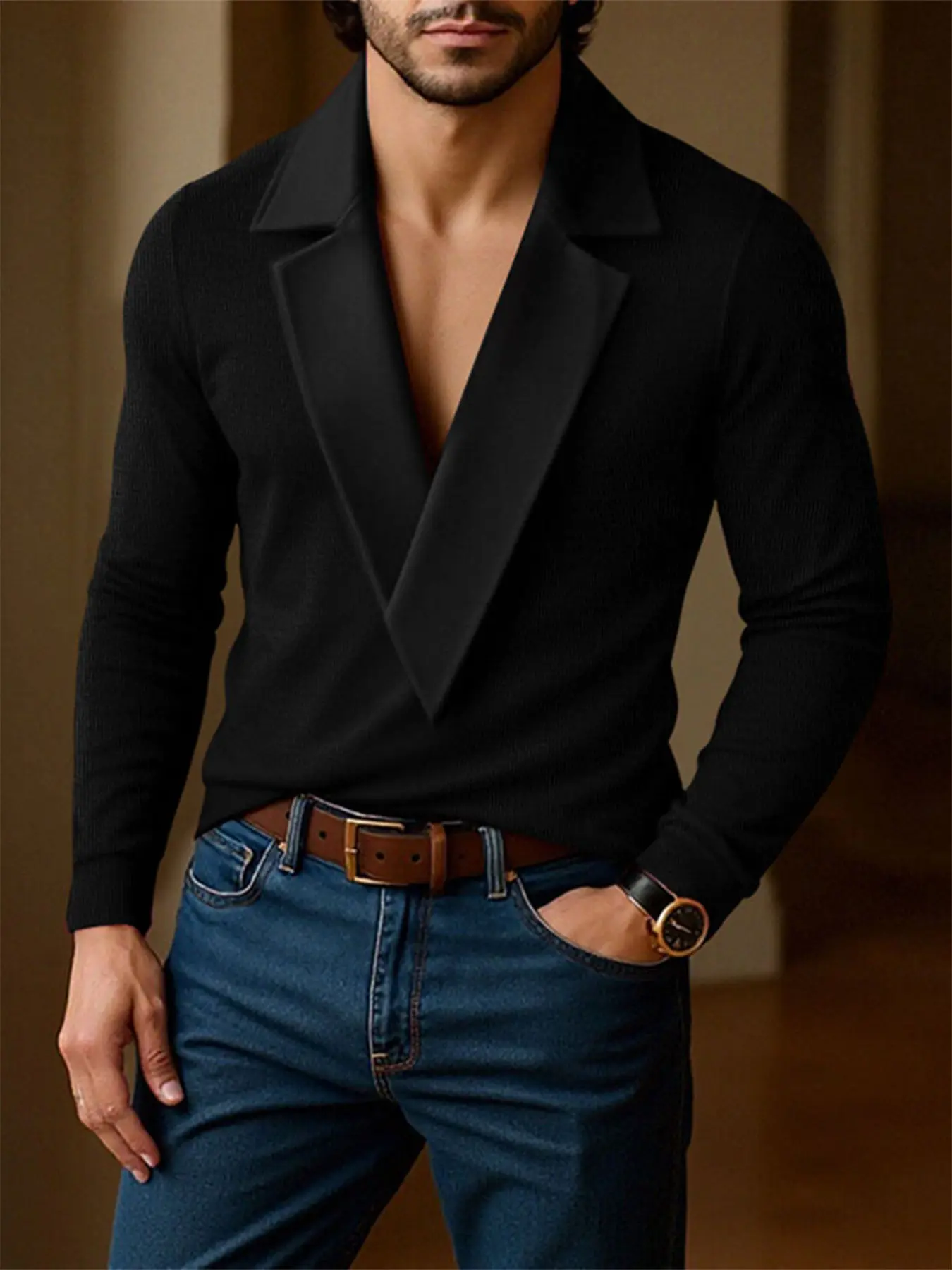 INCERUN Men's Casual Business Style Turn-Down Collar Knitted Long Sleeve Pullover Sweater, Perfect for Daily Wear, Stylish and Comfortable
