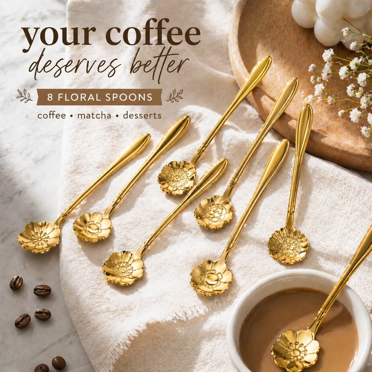 Sunday Latte Gold-Tone Floral Spoons Set (8 Pack) - Stainless Steel Cutlery Tableware for Coffee, Matcha