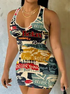 Slaydiva Plus Size Casual Minimalist Color Block Wave Striped Print U-Neck Dress Suitable For Going Out Chic Dress