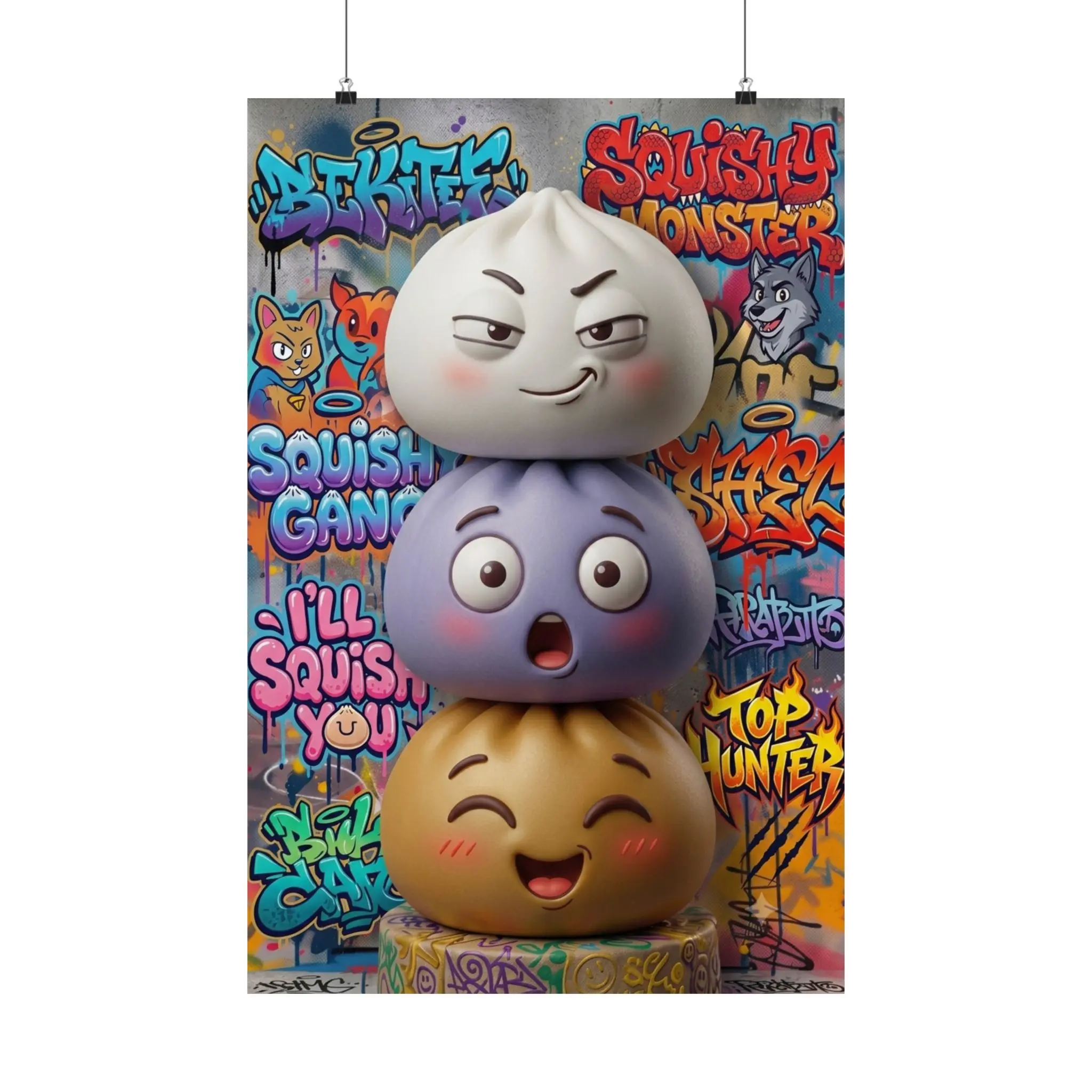 Stacked Squishy Character Poster Matte Vertical Poster | Cute Emoji Graffiti Art
