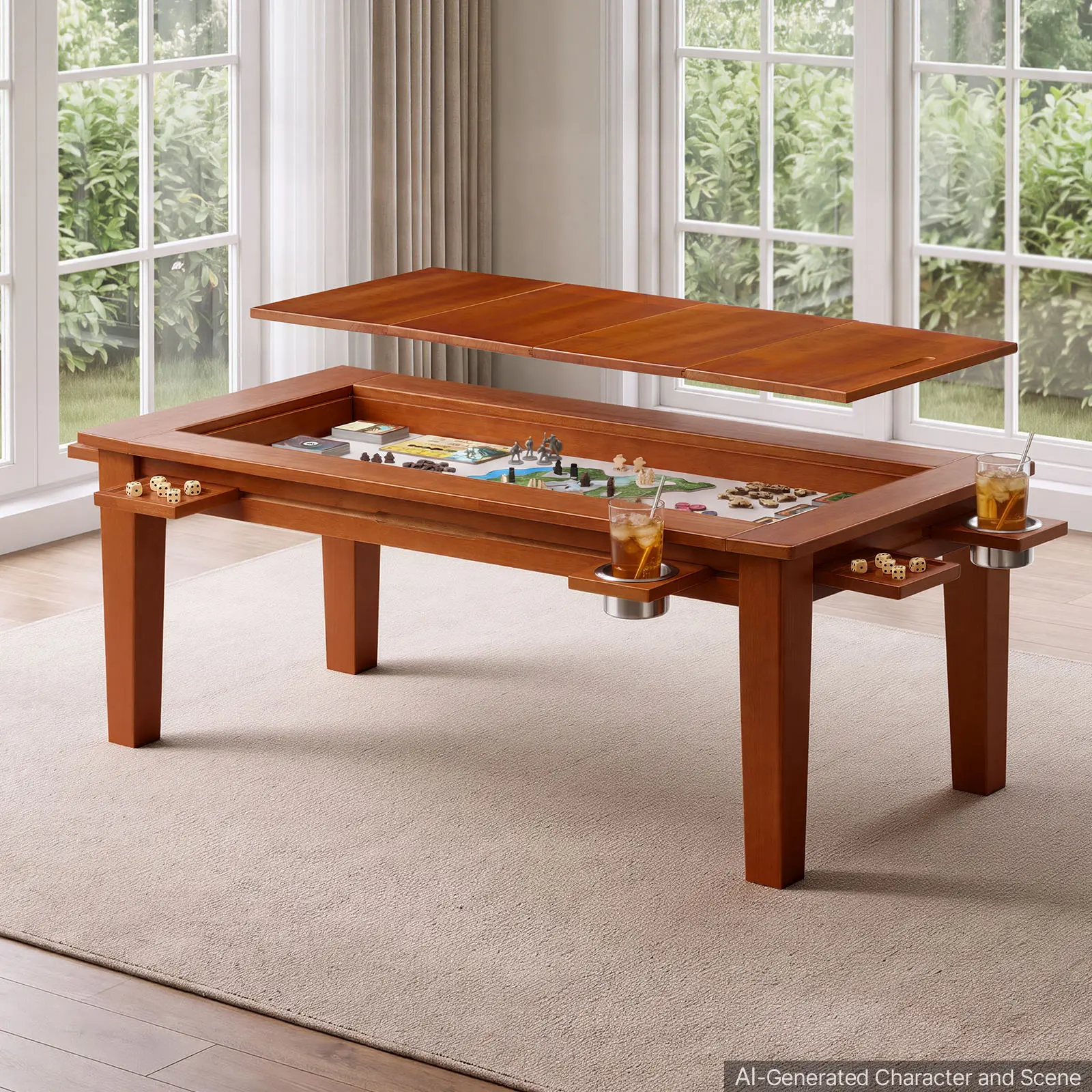 VEVOR Board Game Table 2-in-1 Gaming and Dining Table 47.2 x 23.6 x 17.7 in, Roomy for 4 Players, with Removable Tabletop, Leather Gaming Mat, 4 Cup Holders & Sliding Trays, 300LBS Solid Wood Support