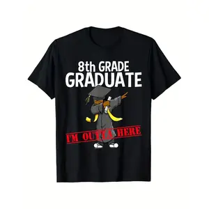 8th Grade Graduate T-Shirt - "I' Outta Here" Retro Dab Dance Suitable for Kids, Teens & Adults, Graduation Gift, Unisex Adult Casual Round Neck Shirt with Dabbing Cartoon Character Print for Year-Round Wear