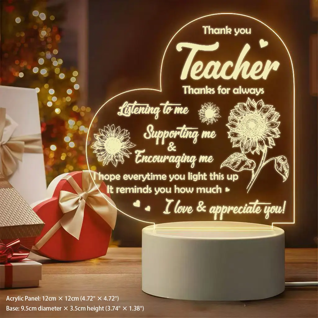 12cm × 12cm Acrylic Heart Shape LED Decoration Lamp - Charming Design Decorative Atmosphere Light, Graduation-Themed Decor, Sunflower-Design Teacher Appreciation Gift for Teacher's Day