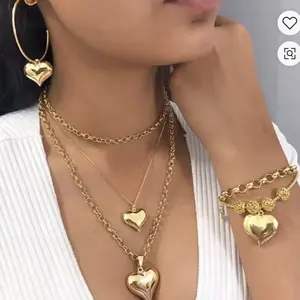 Ins Vintage 3 Pcs Set Gold Plated Heart Charm Bracelet Earrings Multi Layers Heart Pendant Necklace Women's Elegant Gold Alloy Jewelry