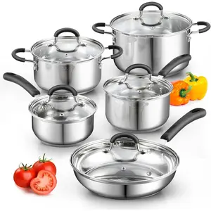 10-Piece Stainless Steel Cookware Set - Stay-Cool Handles, Dishwasher Safe - Silver