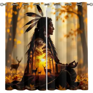 2pcs Native American Meditation Forest Curtain Set, Autumn Atmosphere Blackout Curtains for Bedroom & Boutique Hotel, Contemporary Style Drapes