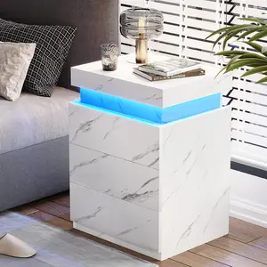 Nightstand with Charging Station and LED Lights,Night Stand with Sliding Top for Bedroom,Bedside Table with Drawers,Modern End Side Table,White Marble