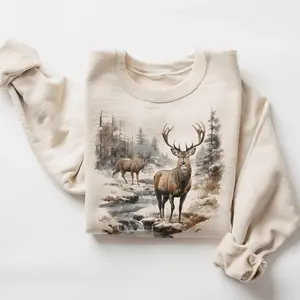 Retro Deer Wilderness Scene Sweatshirt - Nineties Vintage Buck And Doe Deer Outfit - Boho Unisex Crewneck Sweatshirt Hunting T-shirt, Hunting Lover Gift, Women's Camouflage
