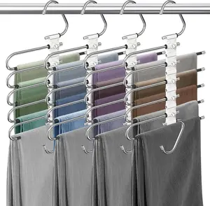 5/9 layer closetsaver,9-Tier Stainless Steel Trouser Rack, Space Saving Clothes Hanger with Non-Slip Coating and 5 Extra Hooks - Perfect for Leggings, Jeans, Scarves, Skirts| Compact Closet Organizer, Storage Hooks