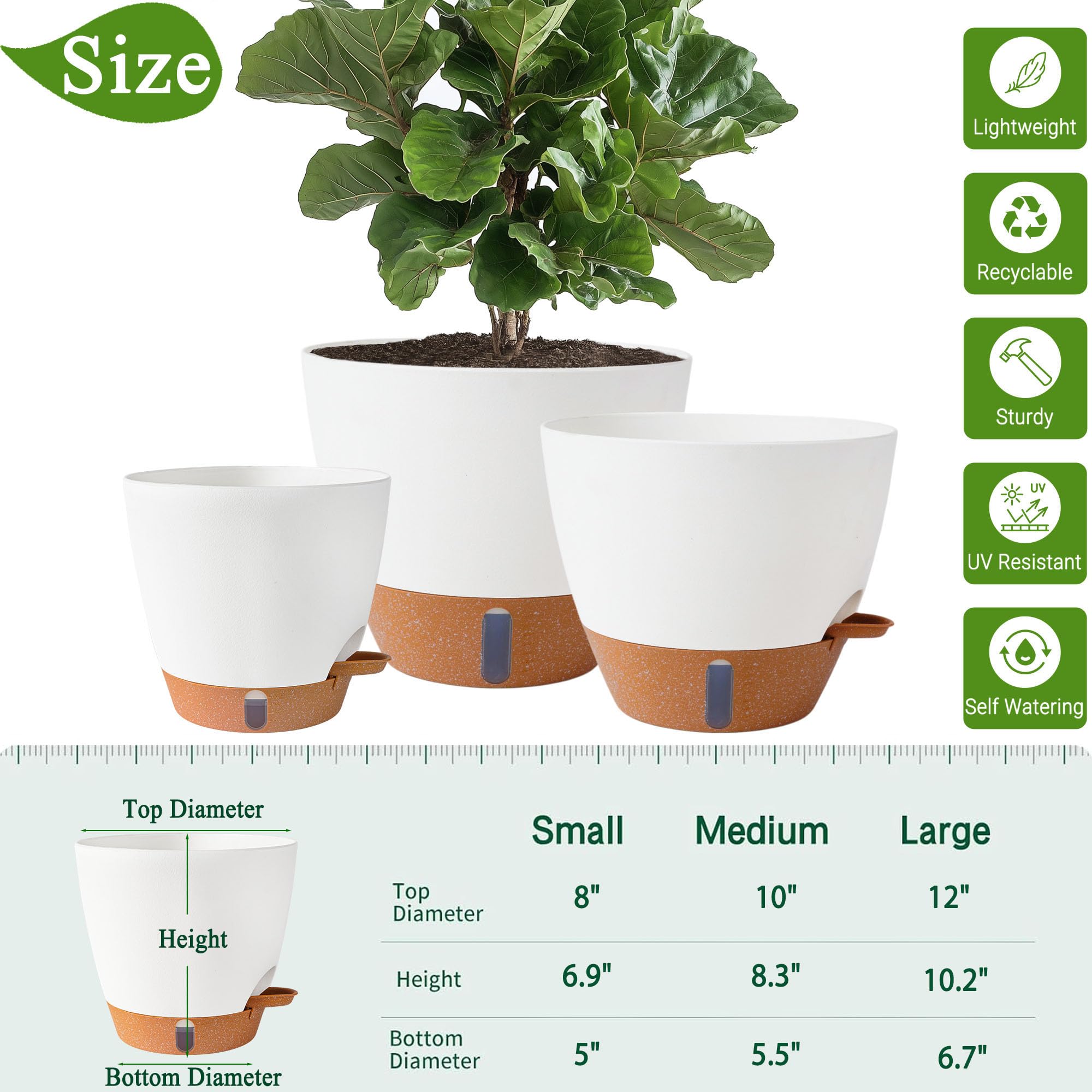 3 Pack Self Watering Pots for Indoor & Outdoor Plants, Large Plastic Planter with Drainage Holes, Water Level Indicator & Deep Reservoir, Modern Decorative Flower Pots