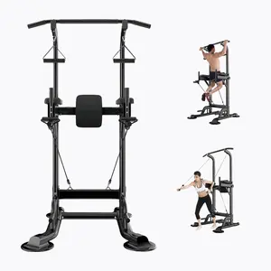 Home Pull Up & Dip Bar Station Multi-function Strength Training Equipment Adjustable Squat Machine with 4 Suction Cups for Stability