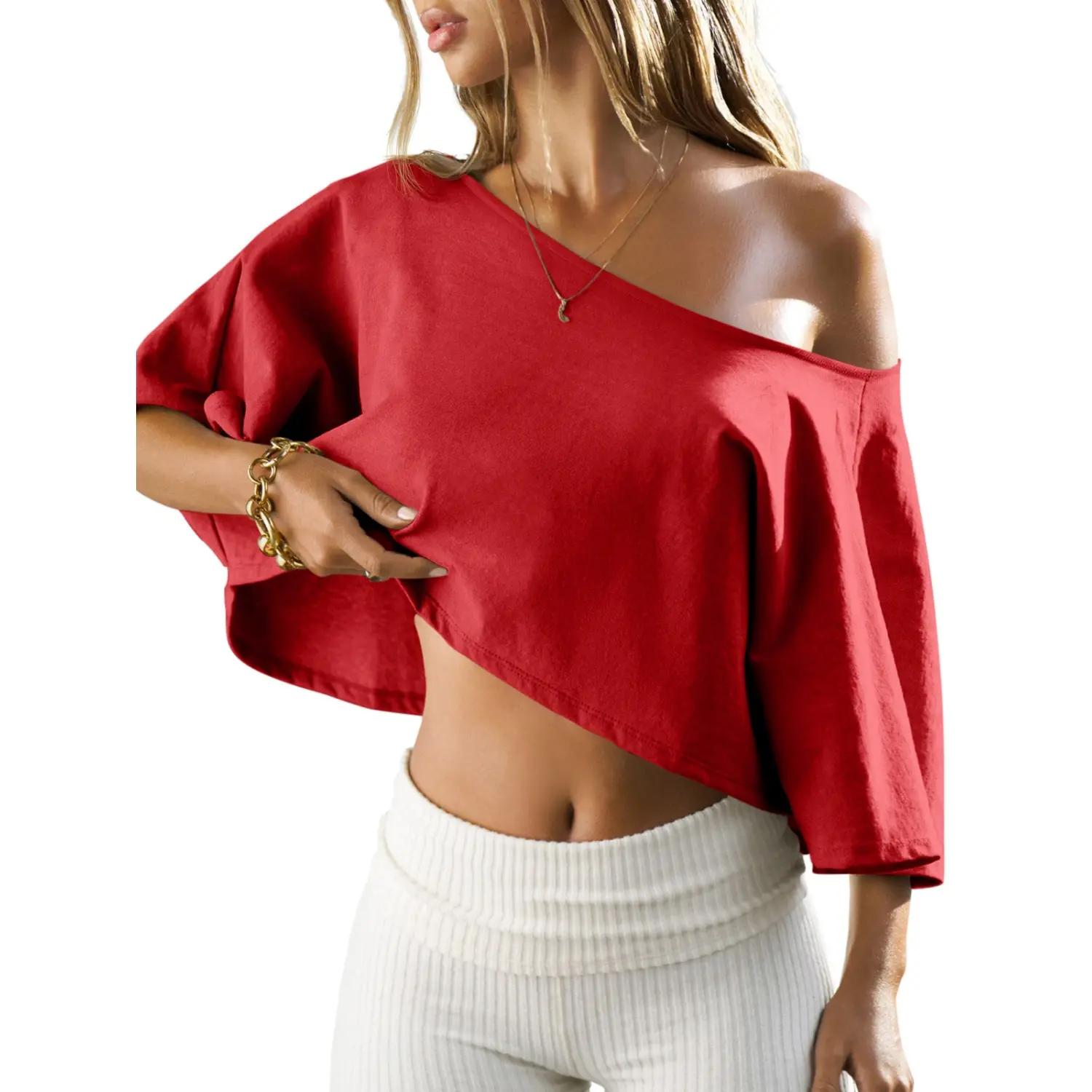 Womens Cotton Off-Shoulder Crop Top Loose Batwing Sleeve Asymmetrical Neck Casual Tee for Summer Daily Wear & Loungewear Womenswear
