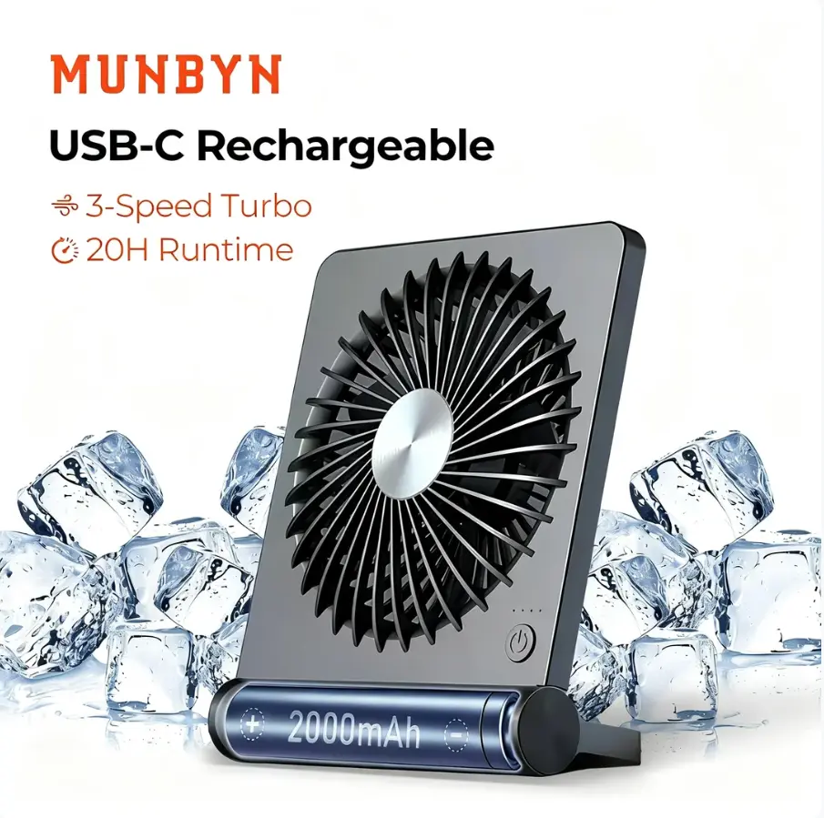 【MUNBYN】Rechargeable Fan with Strong Airflow&2000mAh battery, Portable Fan for Summer with 3 Speed Adjustable Ultra-quiet Table Fan, Room Accessories