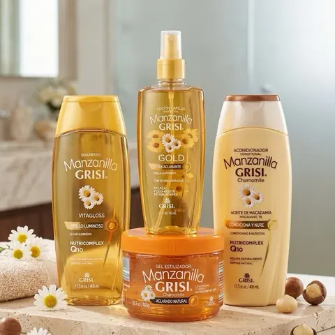 Manzanilla Haircare Bathroom Bundle - Thickening Shampoo, Chamomile Conditioner, Cleanser, Styling Gel, Lightener, Detangler to Hydrate and Restore Hair