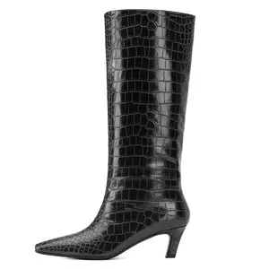 Women's Fashion Knee High Boots Square Toe Kitten Heel Black Versatile Equestrian Boots Calf Wide Casual Party Catwalk Girl Walking Shoes cowgirl boots Footwear cowboy boots