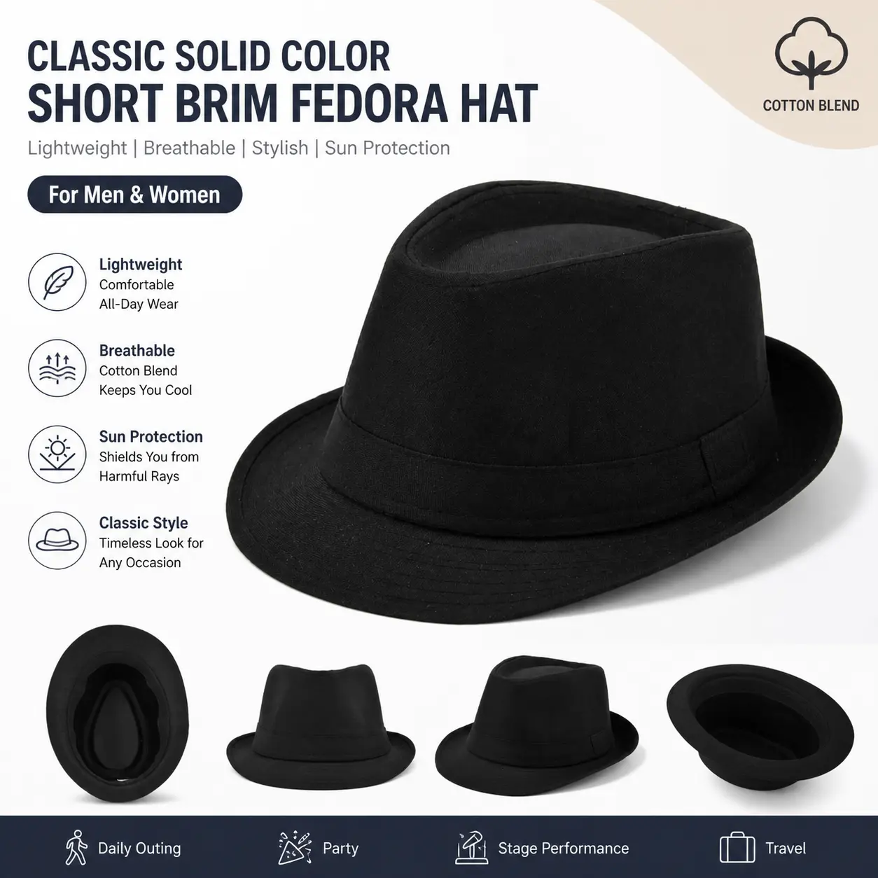 Classic Solid Color Short Brim Fedora Hat For Men Women, Lightweight Breathable Cotton Blend Jazz Trilby Hat Casual Sun Protection Cap For Daily Outing Party Stage Performance Travel