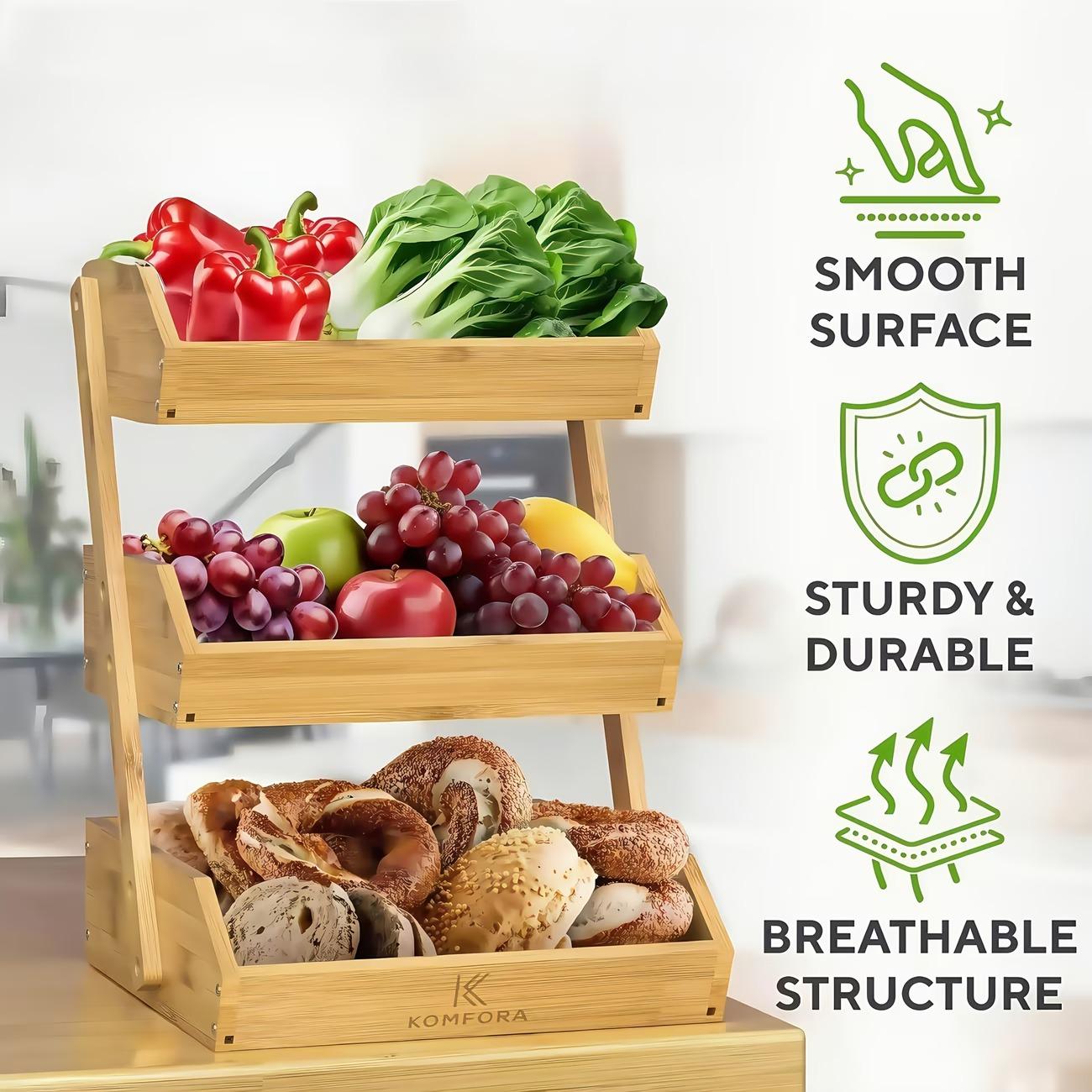 3/2 Tier Wooden Fruit Basket Stand – Large Capacity Countertop Organizer for Fruits, Vegetables & Bread