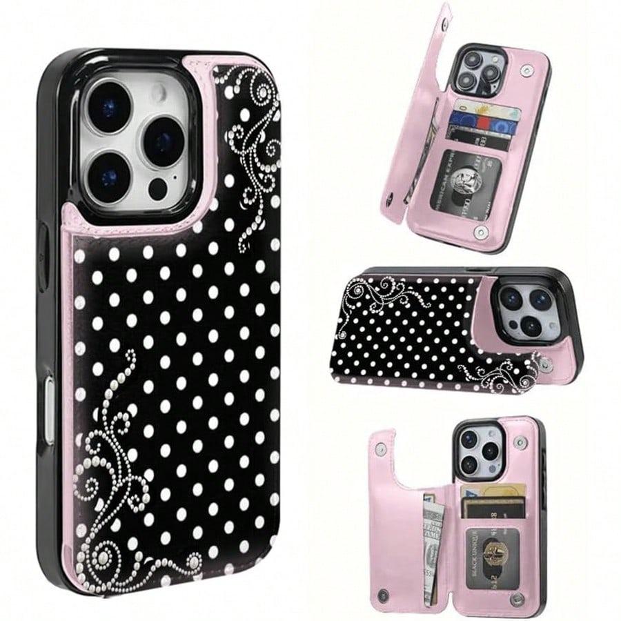 2D image Pearl Polka Dot Dream Patterned Card Holder Leather Case Is Compatible With IPhone 17 Pro Max/Air/16/15/14/13/12/11.For Samsung S22/S23/S24/25. It's An Ideal Gift For Christmas, Valentine's Day, And New Year's, Perfect For Boyfriends,