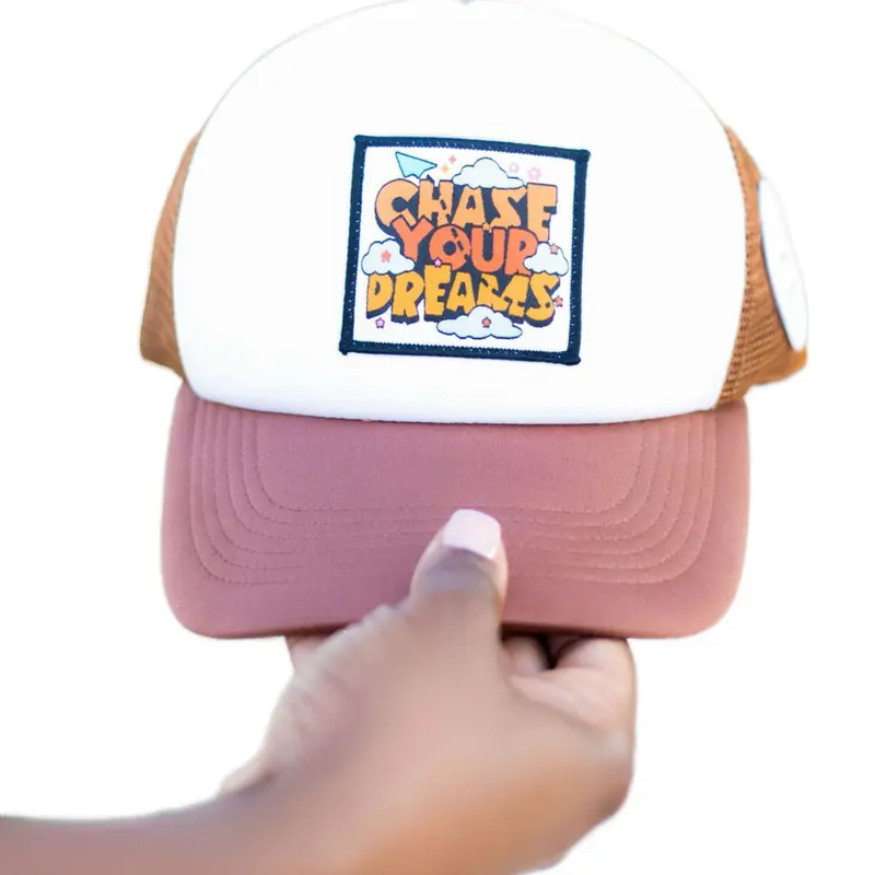 Chase Your Dreams Trucker Hats - Pink and White Design with Motivational Slogan