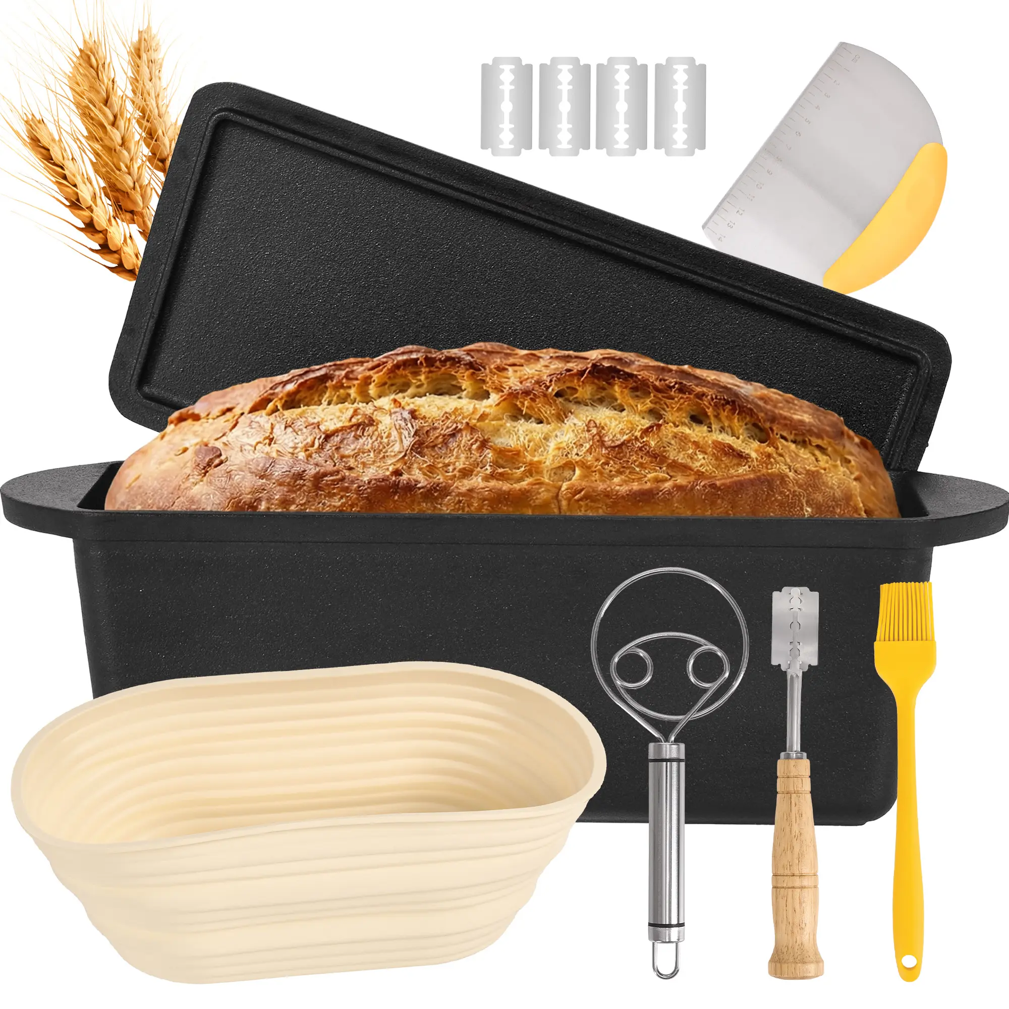 Cast Iron Rectangular Pullman Bread Loaf Pan with Lid Design - Heavy Duty Food Grade, Nonstick Pre-Seasoned Surface, Heat Resistant, Non-Slip, Even Heat Distribution Baking Set with Accessories, Hand Wash Only