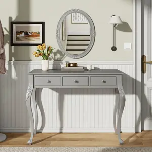 Vanity Desk with Oval Mirror and 3 Drawers, Makeup Dressing Table with Organizer, Makeup Vanity with Silver Metal Handle, Silver