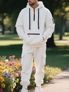 Men's Gray Half - Zip Hoodie Streetwear Tracksuit Set - Casual Sportswear with Contrast Zipper Details, Kangaroo Pocket & Cargo Sweatpants, Comfortable 2 - Piece Outfit for Daily Life, Outdoor Activities & Leisure Occasions