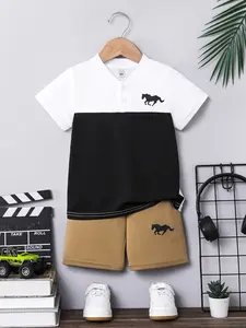 Boys Summer Set, Fashionable Stand Collar Colorblock Design, Horse Print Short Sleeve T-Shirt & Shorts, Soft Comfort Fabric, Versatile Wear, Casual Set, Toddler