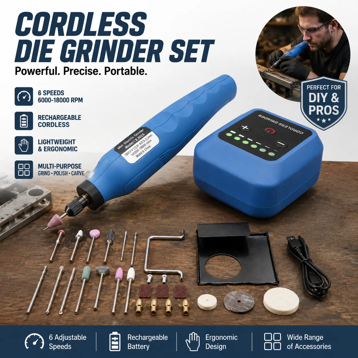 Cordless Electric Die Grinder Rotary Tool - 6-Speed Adjustable (6000-18000RPM), Rechargeable, Lightweight Power Tool Set for Precision Grinding, Carving on Multiple Surfaces