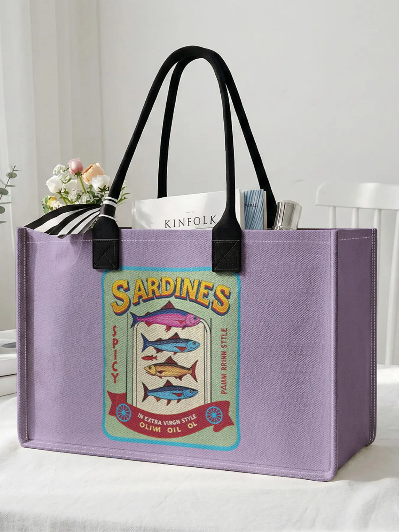 1 piece of sardine pattern 2D printed large capacity storage bag, extra large storage bag, sturdy handle, space-saving multi-purpose, suitable for use at school, business trips, shopping, casual shopping bag, Reusable Shopping Bags, Tote Bag