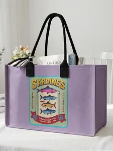 1 piece of sardine pattern 2D printed large capacity storage bag, extra large storage bag, sturdy handle, space-saving multi-purpose, suitable for use at school, business trips, shopping, Reusable Shopping Bags