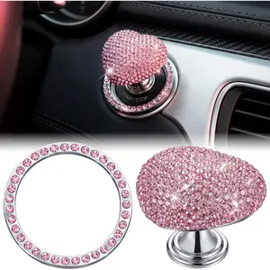 2 Pcs Bling Push to Start Button Cover Rhinestone Car Engine Start Ring, Heart Button Cover Crystal Decoration Set, Car Interior Accessories Sticker Decals for Women & Girl(Pink)