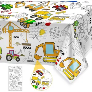 Giant Construction Party Coloring Tablecloth for Kids Huge Construction Theme Table Cover Large Dump Truck Vehicle Painting Poster for Children Birthday Party Supplies 54x108 Inch