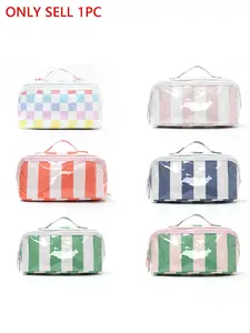 Fashion Striped PVC Makeup Organizer, Cosmetics Organizer, Waterproof Single Handle Travel Toiletry Case, Large Capacity Portable Cosmetic Bag, Ladies Daily Travel Spring Hot Storage Bag, Cosmetic Pouch