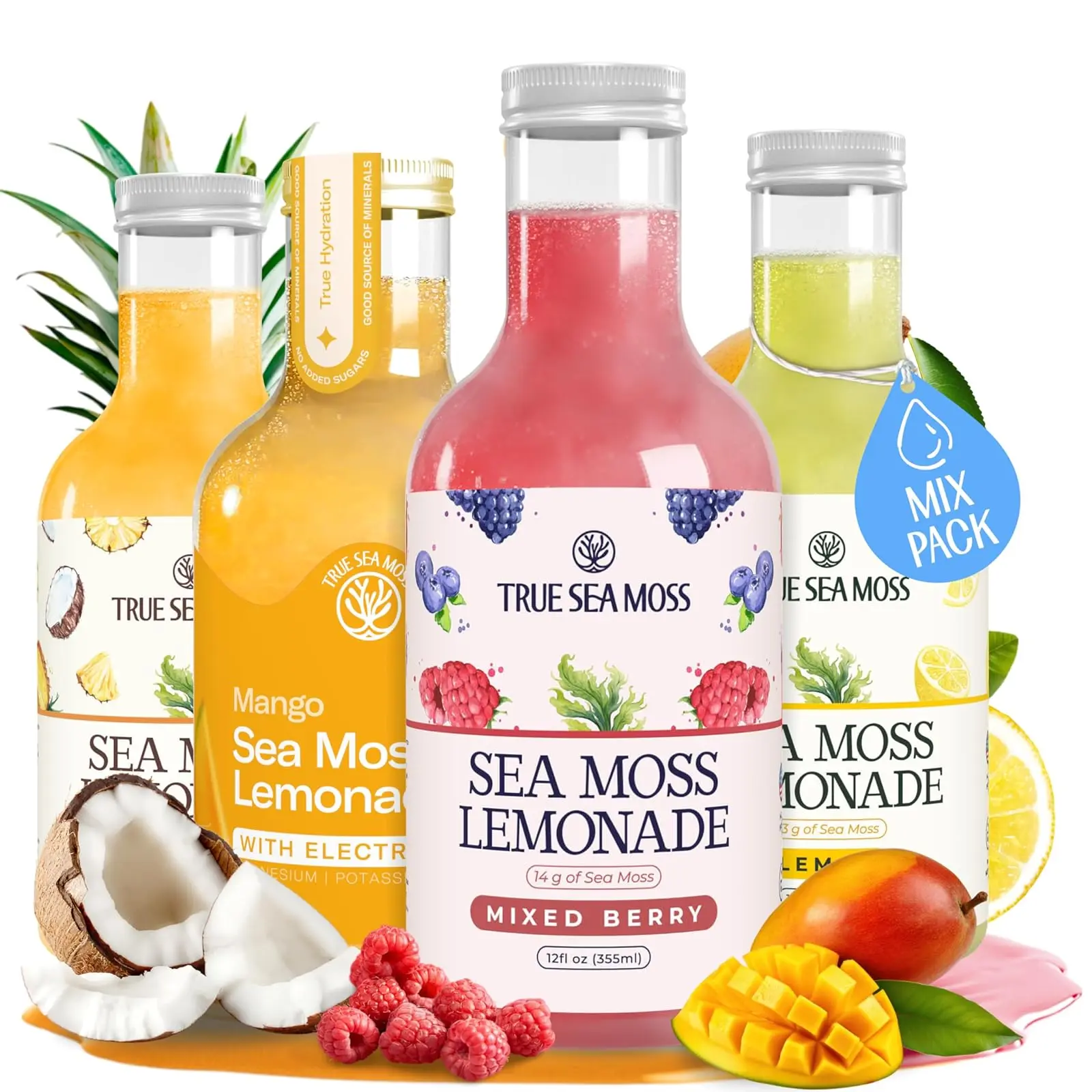 True Sea Moss Lemonade Variety Pack – 4 Flavors Sampler: Lemon, Mango with electrolyte, Berry, Pina Colada – Vegan Hydration Drink – 4 x 12 fl oz Bottles