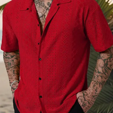 【Black Friday】Men's Casual Collared Textured Jacquard Loose Short-Sleeve Shirt, Tropical Style for Hawaiian Beach