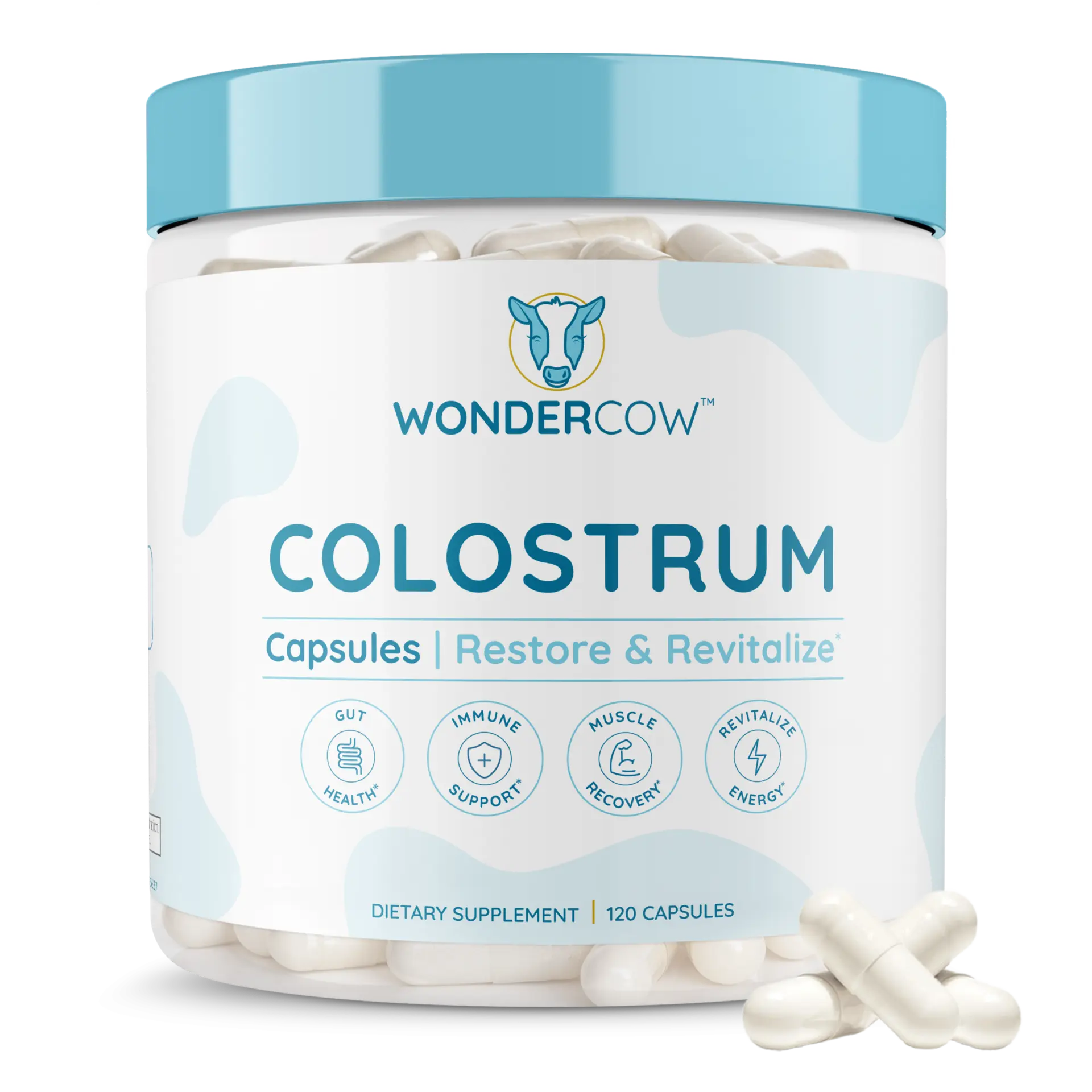 WonderCow Colostrum Capsules Supplement for Gut Health, Immune Support, Muscle Recovery & Wellness | Natural IgG Pure Whole Bovine Colostrum Superfood, Unflavored, 30 Servings
