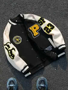 Men's Vintage Embroidered Baseball Jacket, Streetwear Pop Art Print, Loose-Fitting Oversized Coat, Fall & Winter Fashion, Button Front Jacket