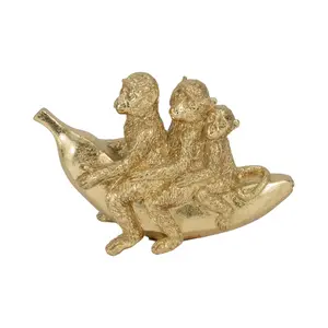 212 MAIN Whimsical 8 in. 3 Monkeys on Banana Statue - Gold