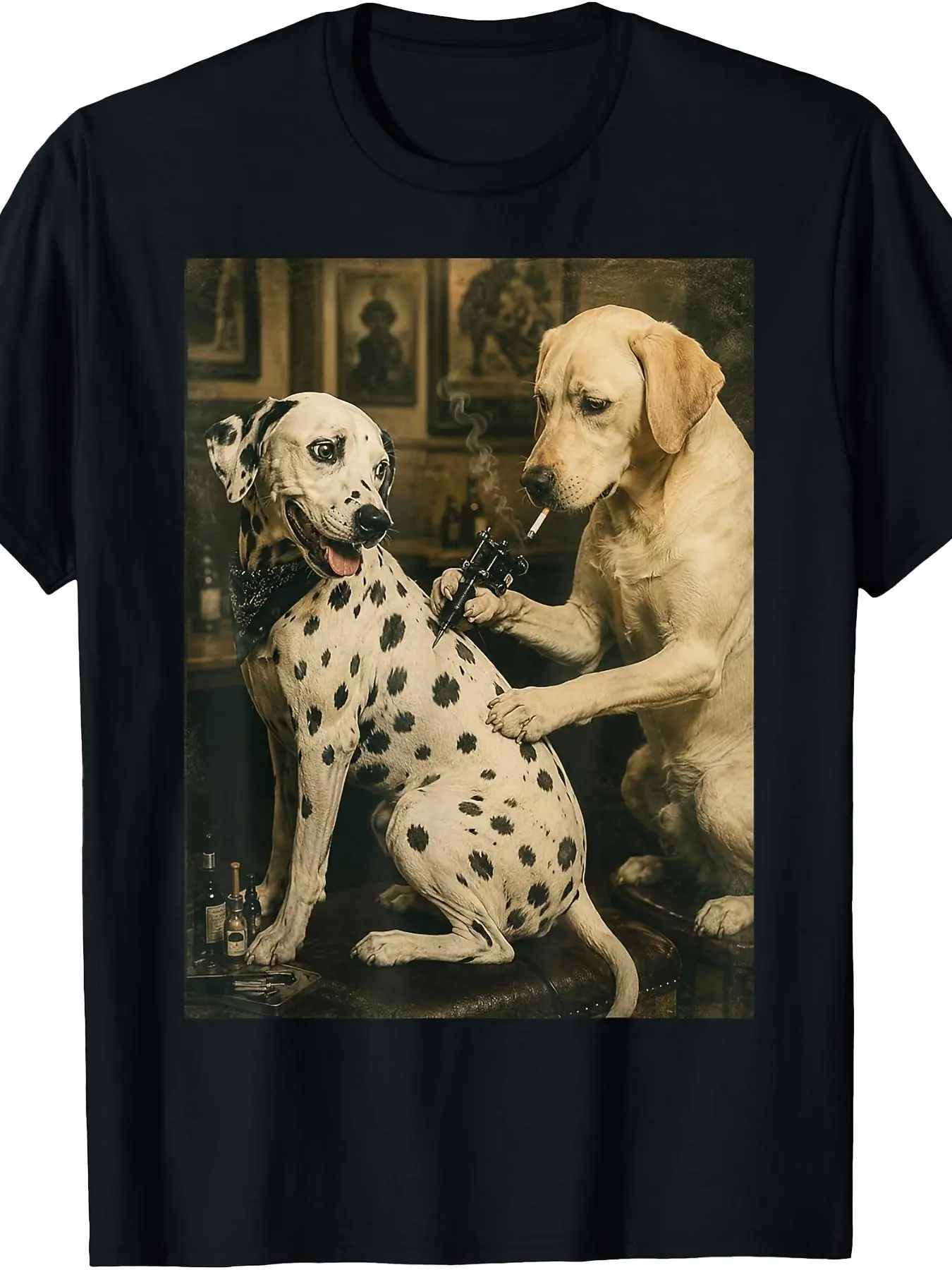 Women's Classic Short-Sleeve Crew Neck Fitted-Cut Unisex T-Shirt - Retro Dalmatian Dog Smoking Tattoo Artist Funny Meme Graphic Garment, Customized Casual Wear Tops