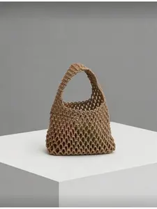 Women's Beach Bag Large Capacity Lightweight Quilted Knit Casual Tote Bag with Polyester Crochet Mesh Bottom Multicolor Solid Color Fashionable Summer Vacation Handbag