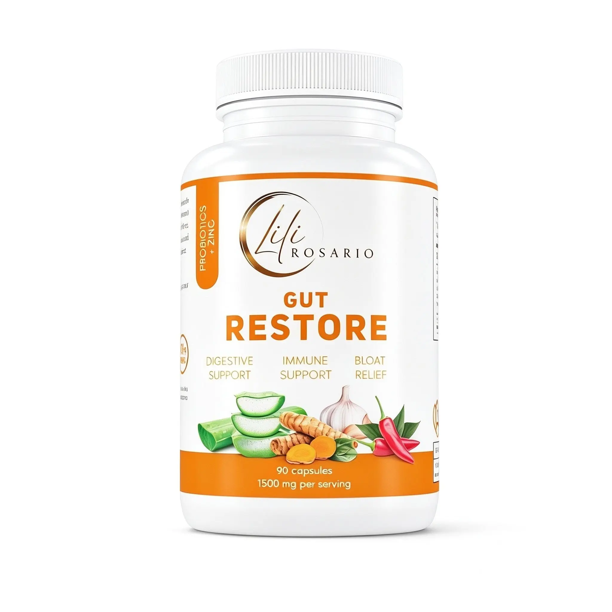 LILI ROSARIO PROBIOTICS + ZINC | GUT SUPPORT FORMULA | DIGESTIVE HEALTH | 1500 MG | 90 CAPSULES