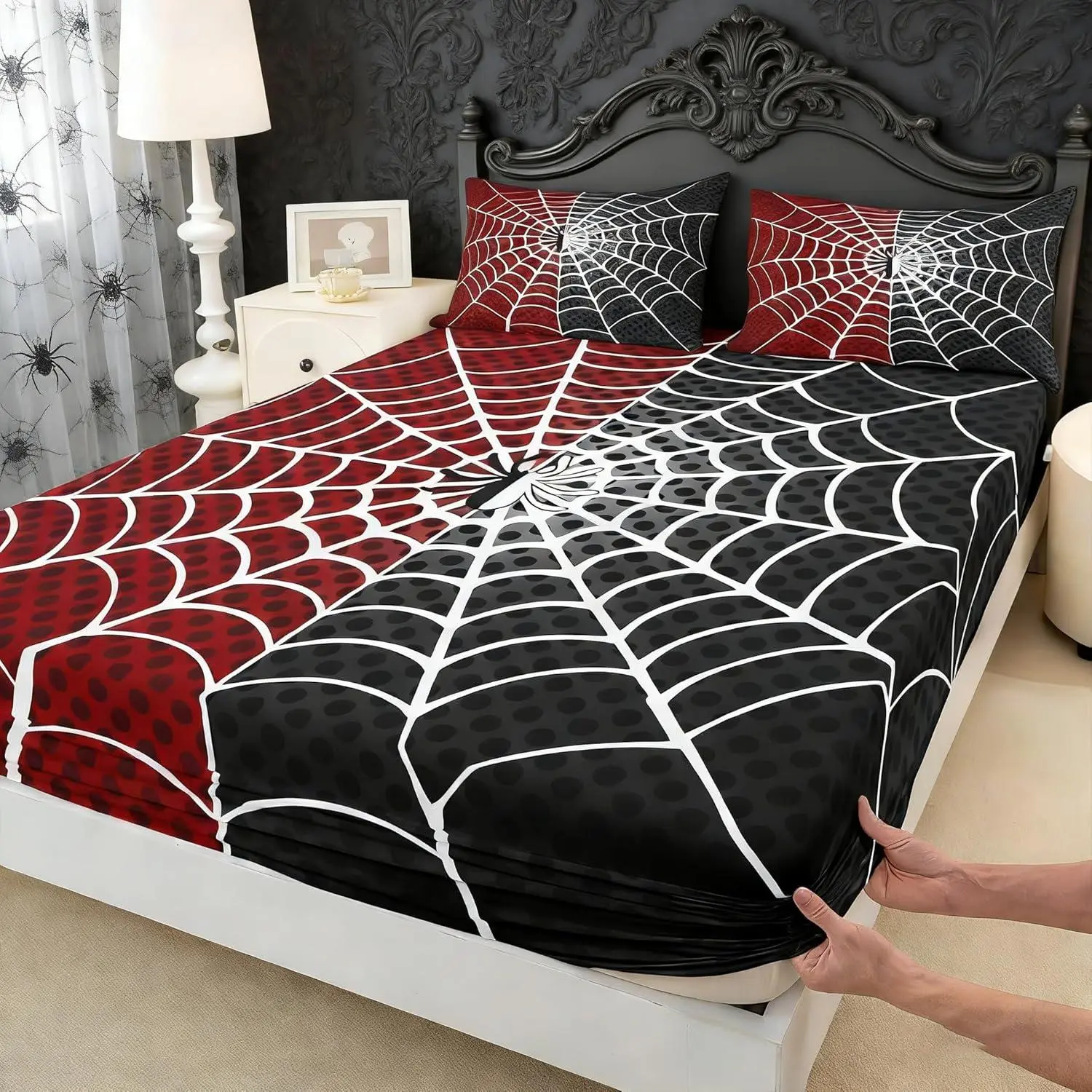 Spider Kids Fitted Sheet,White Spider Web Black Dots Bedding Set for Boys Girls Room Decor,Red and Black Bed Cover,Soft Polyester Bedding,No Top Sheet