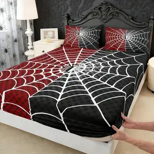 Spider Kids Fitted Sheet,White Spider Web Black Dots Bedding Set for Boys Girls Room Decor,Red and Black Bed Cover,Soft Polyester Bedding,No Top Sheet