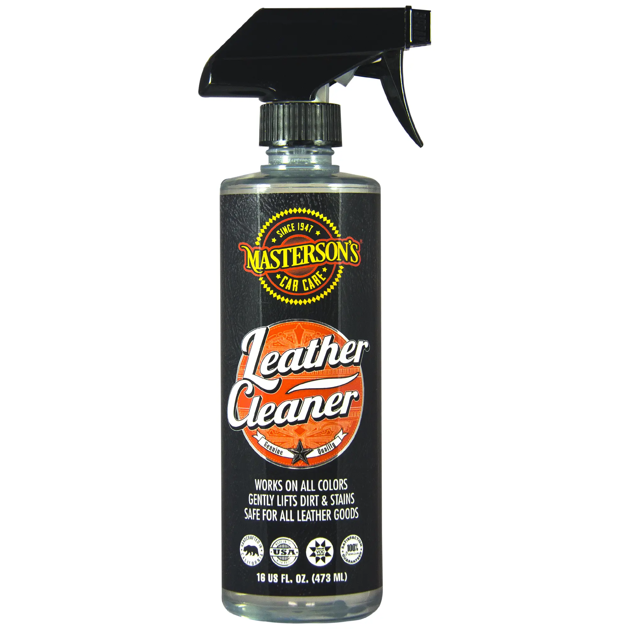 MASTERSON'S CAR CARE Leather Cleaner Spray - 16 fl oz (MCC_115_16), PH Balanced Surface Cleaner with Transparent Cleansing Technology, Gently Lifts Dirt & Stains, Restores Original Color, Safe for Car Leather Seats