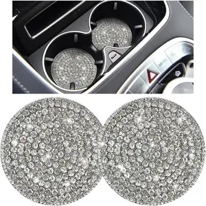 Bling Cup Holder Coaster 2 Count 2.75 Inch Rhinestone Anti Slip Drink Mat for Women Girls Auto Interior Embedded in Ornaments White